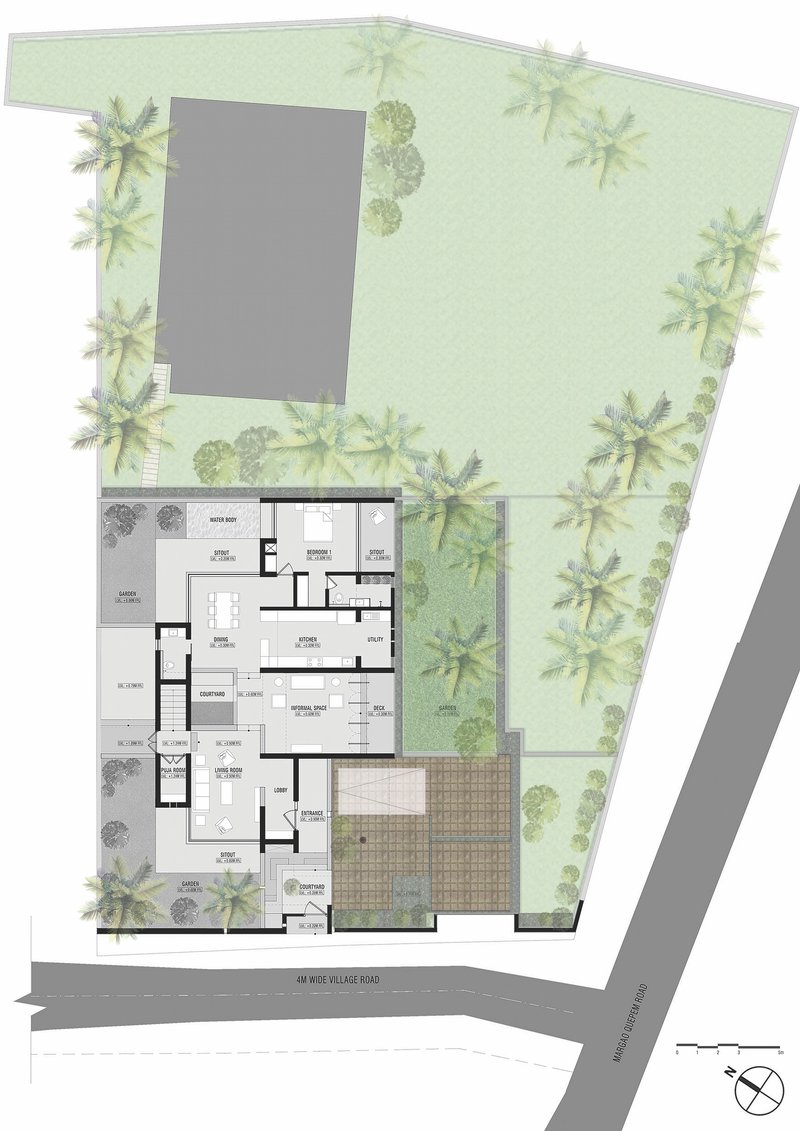 Site plan drawing showing the residence surrounded by palm trees and landscaped gardens on an irregular plot