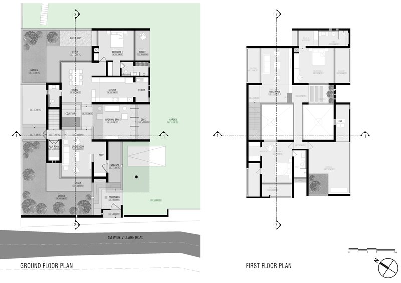 Ground and first floor plans showing the residence organized around courtyards with landscape elements indicated