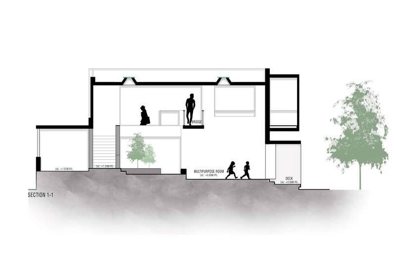 Section drawing showing double-height multipurpose room with figures and a tree visible through openings