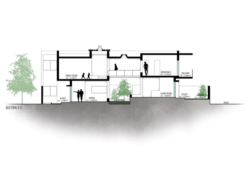 Section drawing showing split-level spaces with courtyard trees and figures populating the living areas