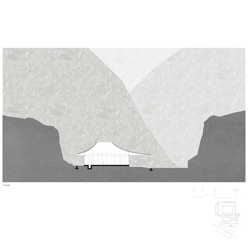 Elevation drawing of a single pavilion with curved roof and vertical slats set between mountain silhouettes
