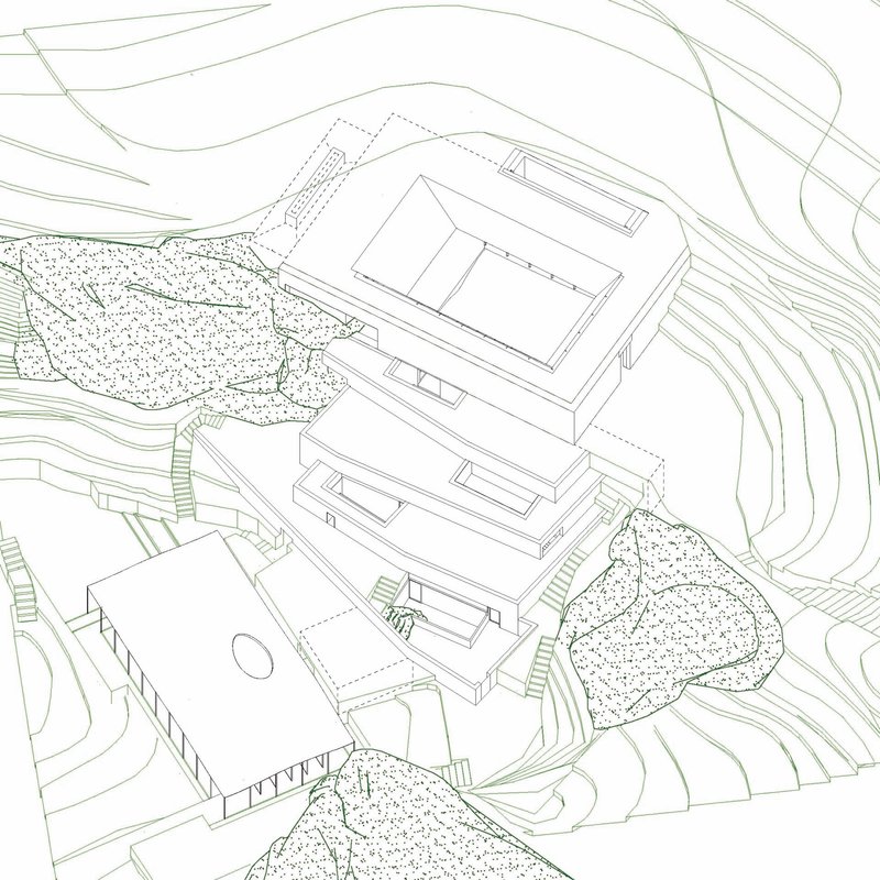 Axonometric drawing showing terraced volumes with planted courtyards and topographic contour lines