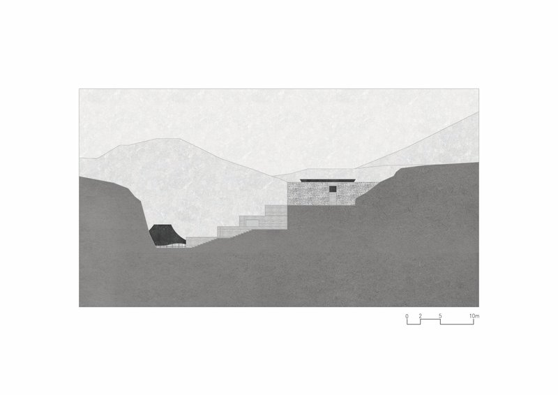 Section drawing depicting a stepped structure nestled into sloping terrain with layered mountains beyond