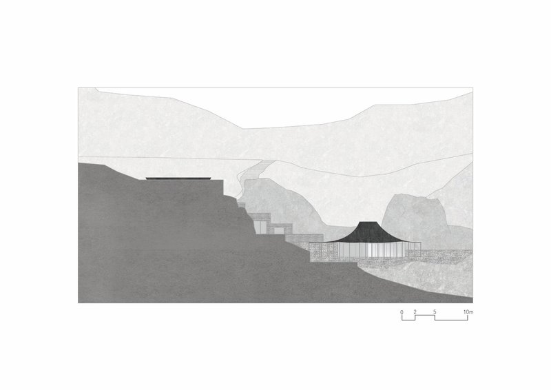 Section drawing showing a pavilion with vertical columns bridging between hillside terraces and distant peaks