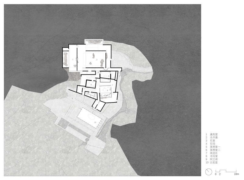 Site plan drawing revealing clustered buildings on a coastal promontory with water to one side