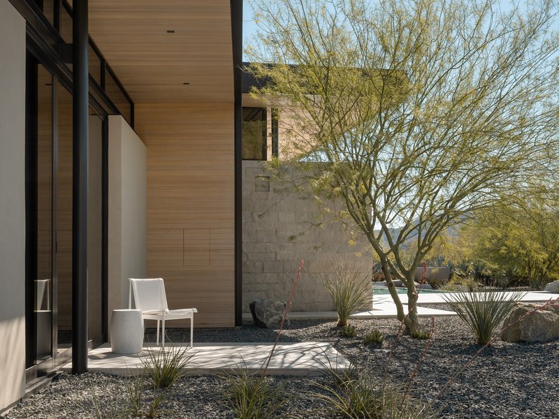 Gravel courtyard with palo verde tree beside limestone-clad wall and wood soffit