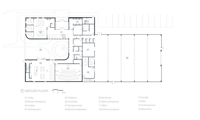 Ground floor plan drawing showing a central training room with surrounding offices and a large workshop space