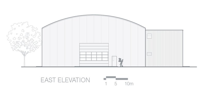East elevation drawing depicting a barrel-vaulted volume beside a corrugated metal structure with a tree