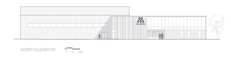 North elevation drawing showing a long horizontal structure with vertical cladding and groups of figures