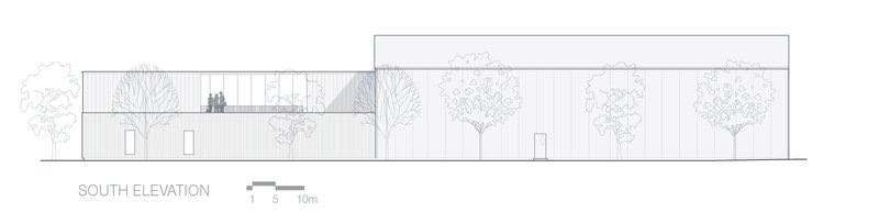 South elevation drawing presenting a low-profile building among rows of deciduous trees