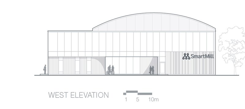 West elevation drawing featuring an arched-roof hall with glazed entry and people approaching on foot