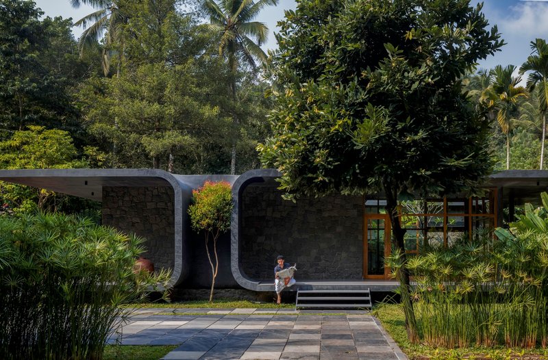Entry courtyard with curved concrete facade, planted bed with young tree, and a figure seated on steps