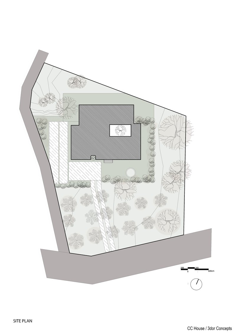 Site plan drawing showing an irregular trapezoidal plot with a central building surrounded by scattered trees