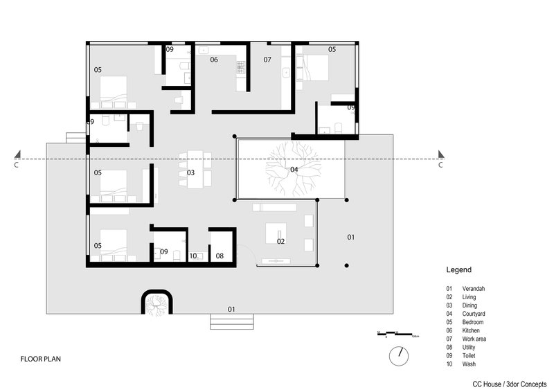 Floor plan drawing showing bedroom clusters around a central courtyard with living and dining spaces