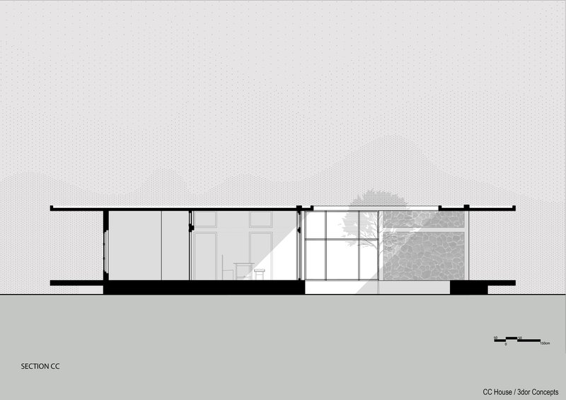 Section drawing revealing the interior spaces beneath the continuous roof plane with a courtyard tree