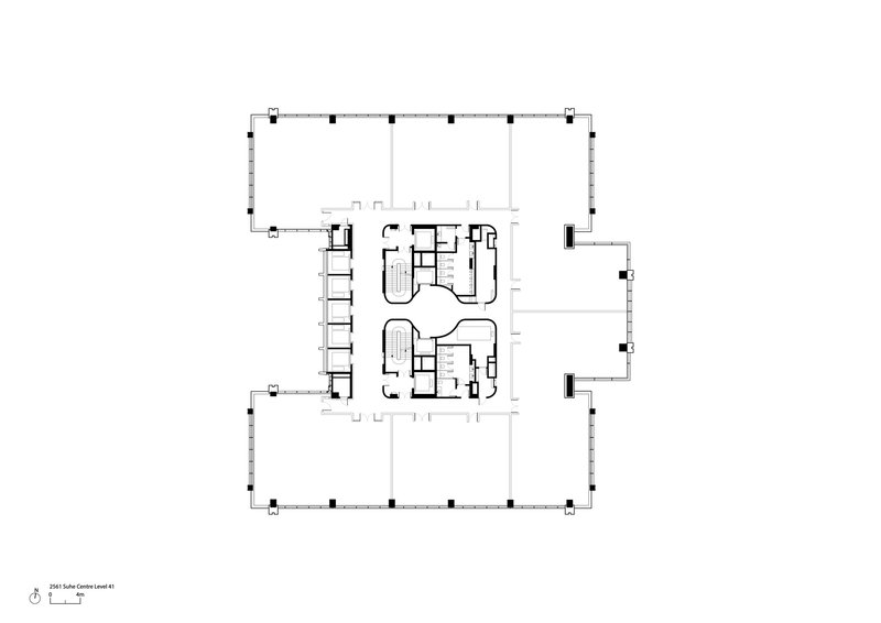 Floor plan drawing showing a square perimeter with curved central cores and extending lateral wings