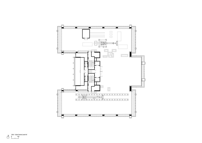 Floor plan drawing revealing large open floor plates flanking a compact central service core