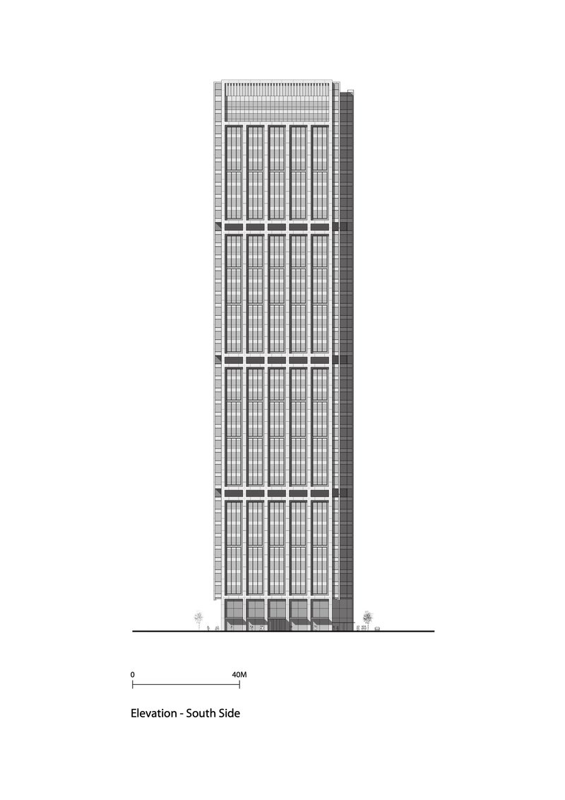 South elevation drawing of a slender tower with repetitive vertical facade bays and side volume