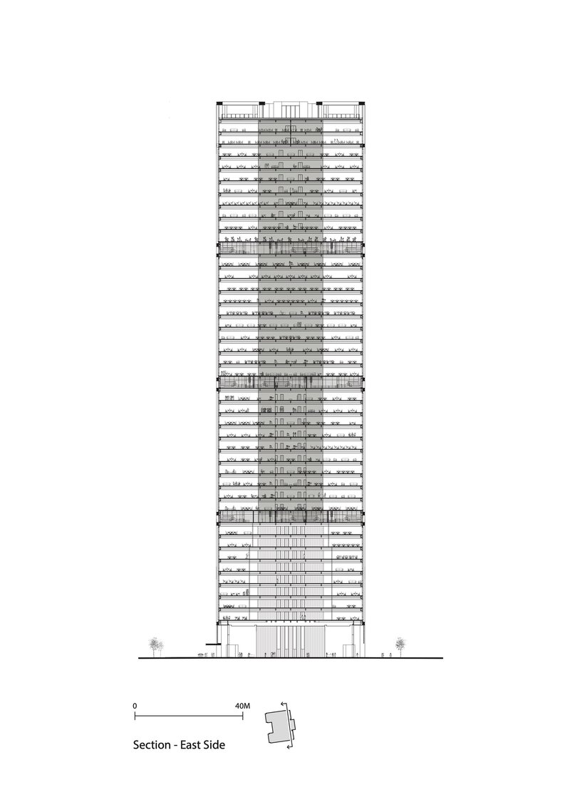 Section drawing through the east side revealing floor plates, vertical circulation cores and mechanical zones