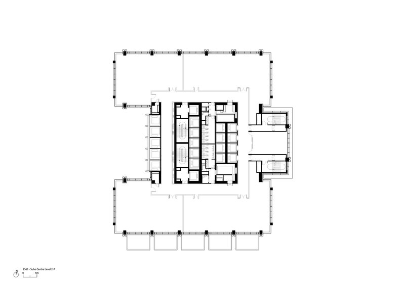 Upper floor plan drawing showing cellular layout with central service core and corner projections