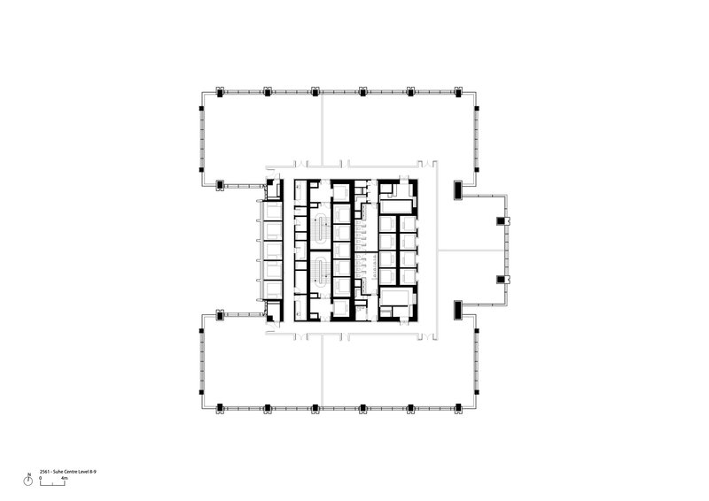 Floor plan drawing showing rectangular perimeter with clustered rooms around a central volume