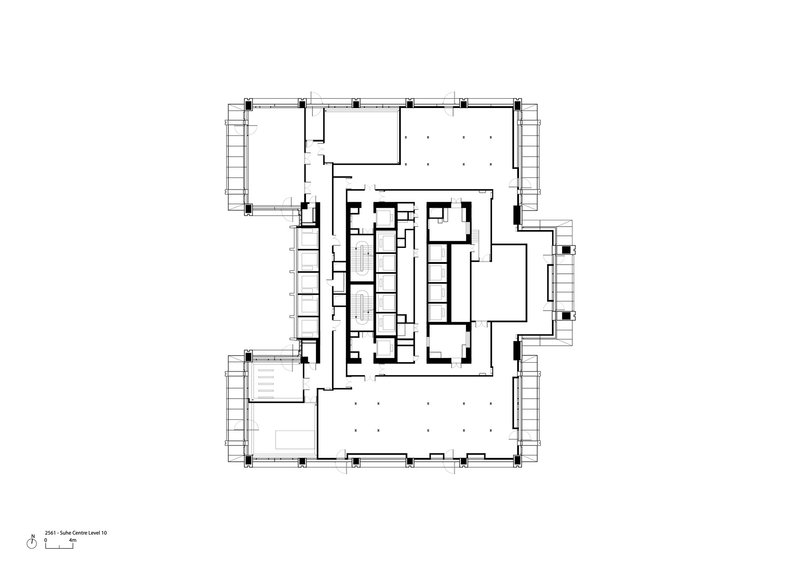 Floor plan drawing showing square footprint with central core and four corner zones