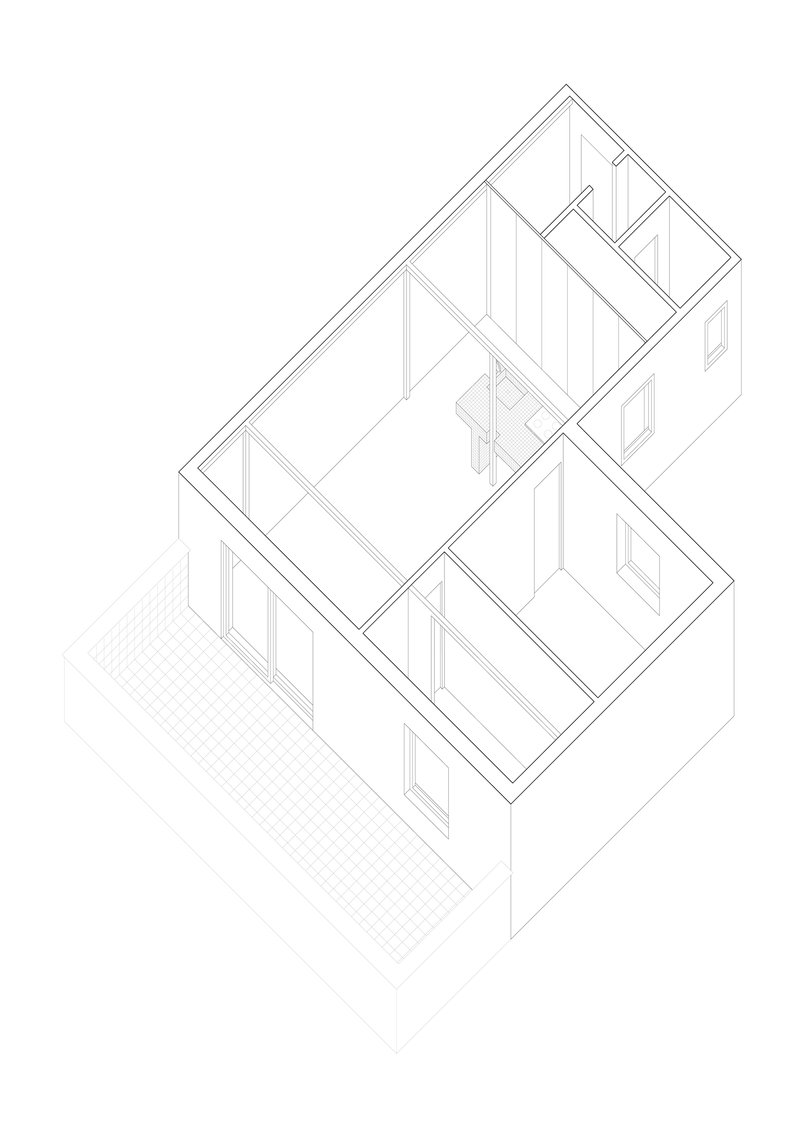 Axonometric drawing revealing the interior room divisions and staircase of a two-level dwelling