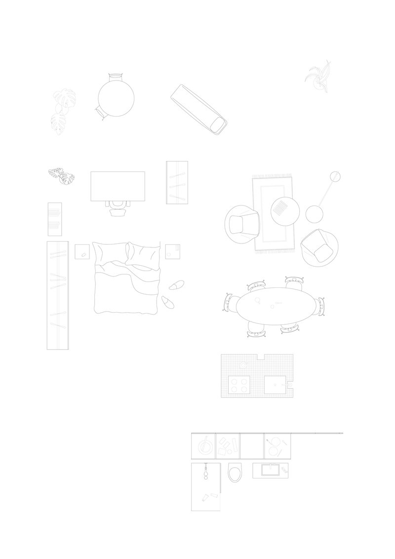 Furniture layout plan showing bed, dining table, and kitchen fixtures scattered across the page