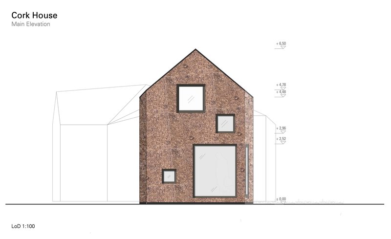 Main elevation drawing of the gabled facade with cork cladding and asymmetrically placed windows
