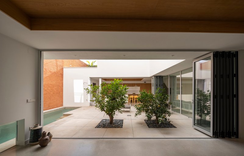 Interior view through folding glass doors to courtyard with two planted trees on concrete pavers
