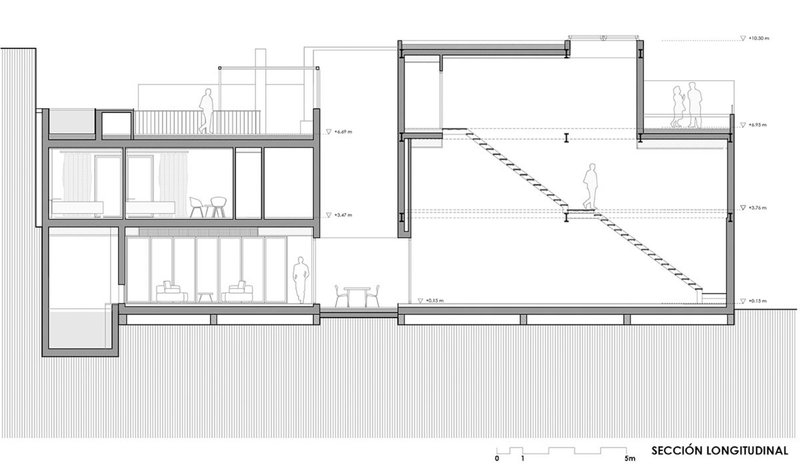 Longitudinal section drawing showing diagonal staircase connecting multi-level interior spaces with human figures