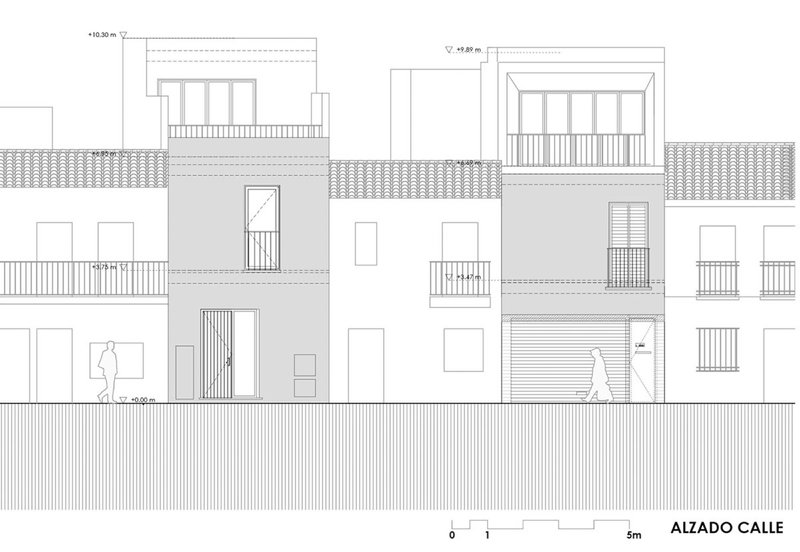 Street elevation drawing showing a three-story residential facade with balconies and a figure at ground level