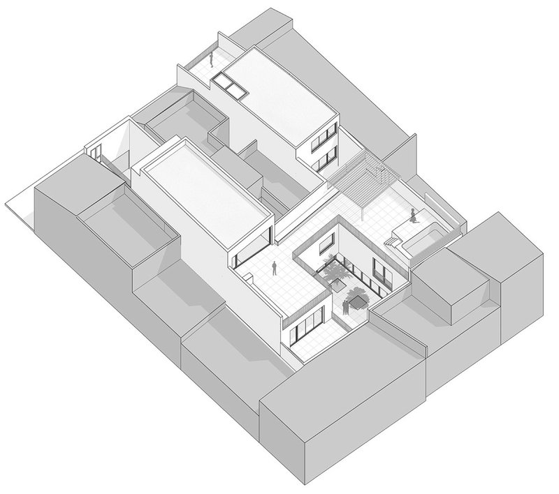 Axonometric drawing showing tiled courtyard spaces with figures and planted areas between building volumes