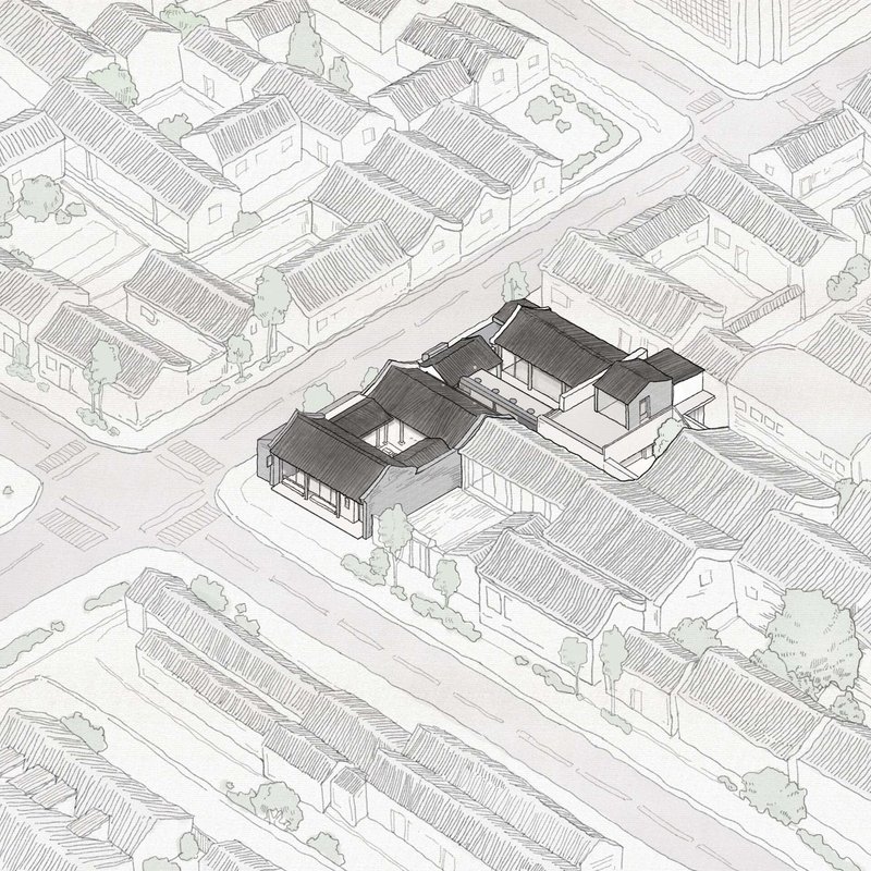 Axonometric drawing showing tiled roof volumes arranged around interior courtyards in a dense neighborhood fabric