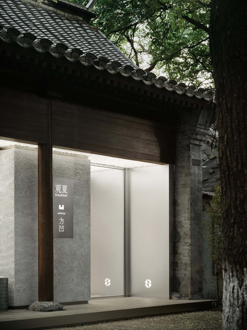 Entry facade with timber eaves and white pivot door beneath overhanging tiled roof and tree canopy