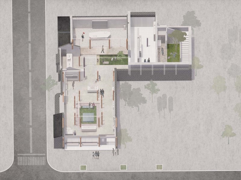 Aerial site plan drawing showing two adjoining buildings with courtyards, planted areas, and pedestrian circulation paths