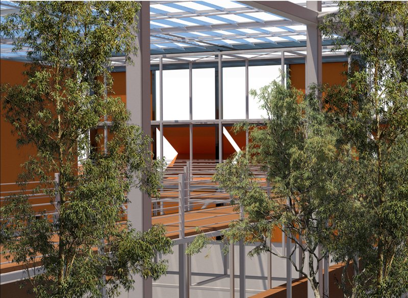 Transparent roofing and steel framing maximize daylight, ventilation, and ecological integration within the habitat.