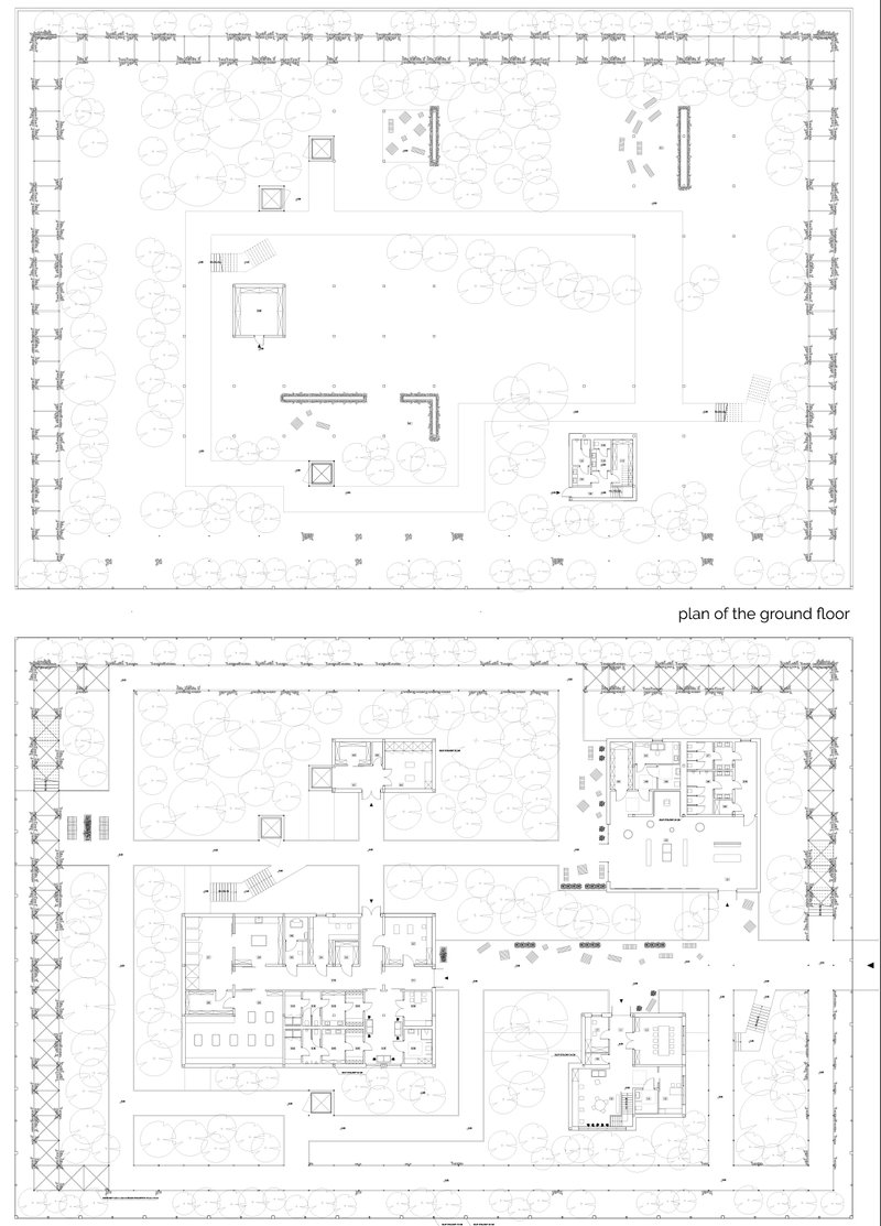 Detailed architectural plans reveal the project’s layered spatial organization for care, research, and public interaction.