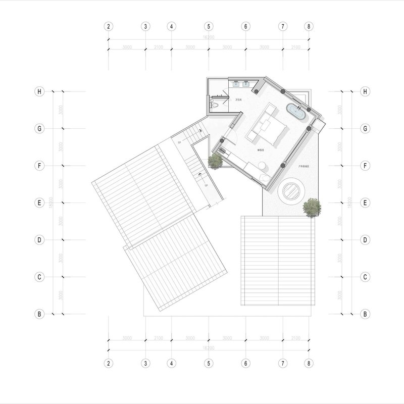 Roof plan drawing showing angled deck areas with a circular feature and tree symbols