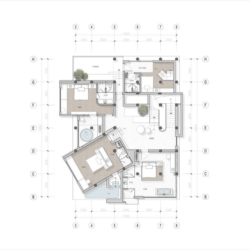 Floor plan drawing showing an angled living and dining volume with courtyards and planted trees