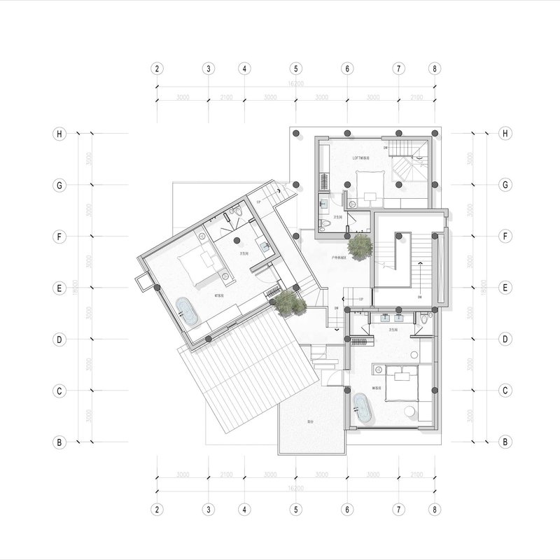 Upper floor plan drawing showing a bedroom wing with terrace and interior courtyard plantings