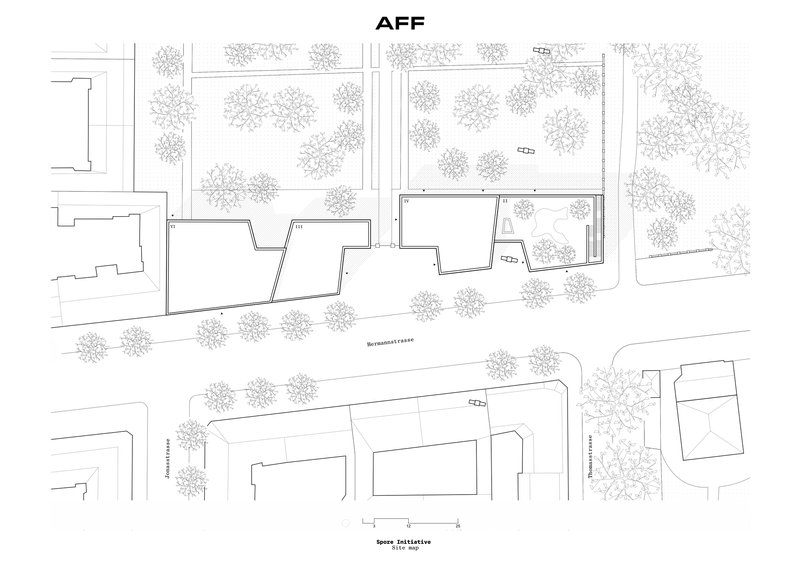 Site plan drawing showing building footprints, surrounding streets, and tree canopy symbols