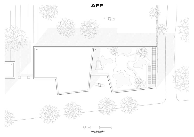 Ground floor plan drawing depicting two volumes with courtyard spaces and landscape elements