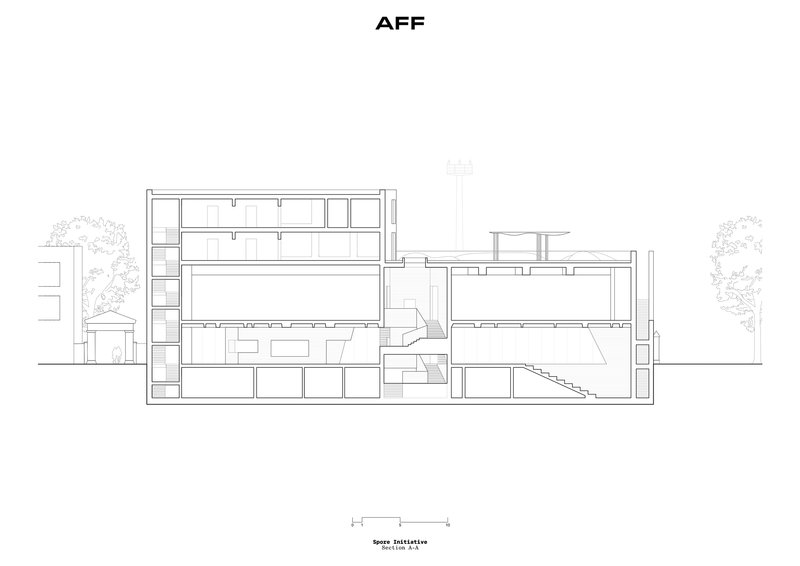Section drawing showing a multi-level building with interior stairs and adjacent trees