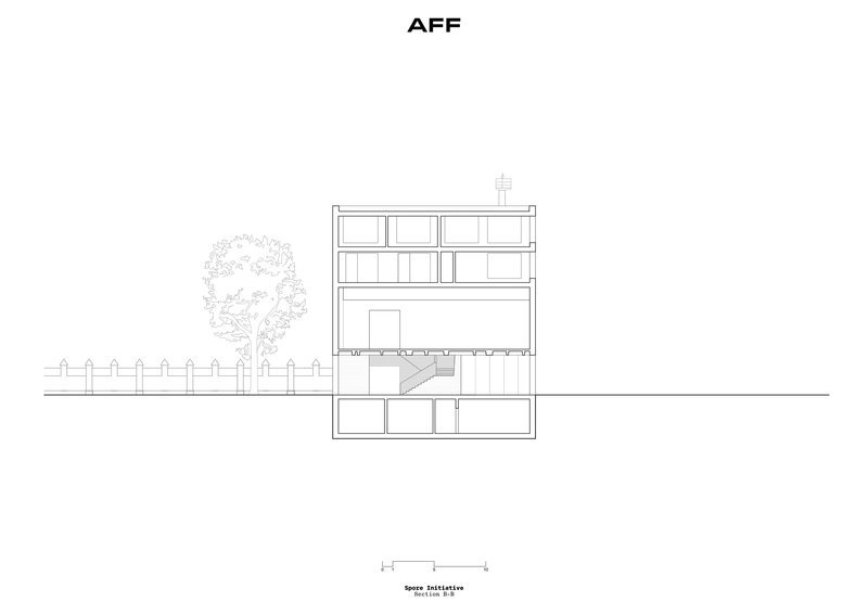 Elevation drawing of a four-story building with gridded windows and a tree alongside