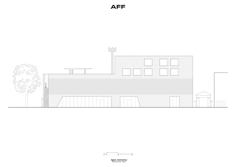 Elevation drawing of the street-facing side with clustered square windows and entry door