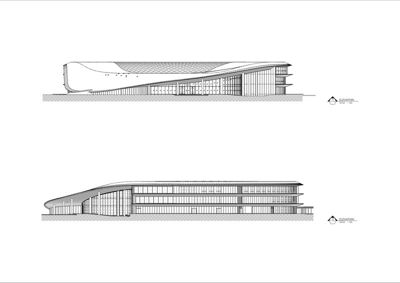Elevation drawings showing the elongated building with its curved roof and vertical facade elements