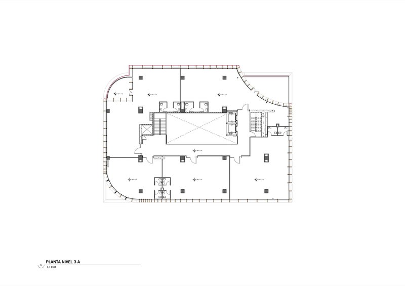 Third level floor plan with curved corner balcony and central atrium topped by diagonal skylight