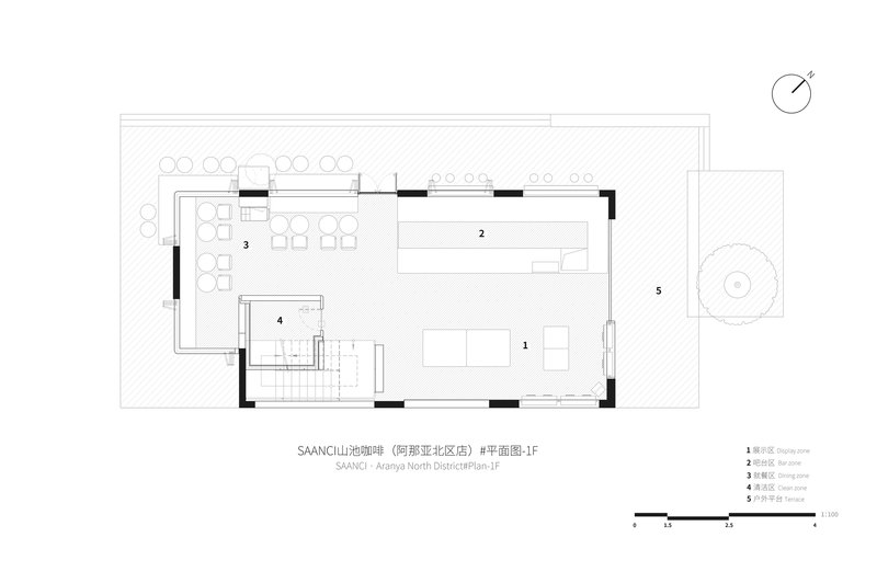 Ground floor plan drawing showing kitchen, dining, and living areas with an outdoor terrace