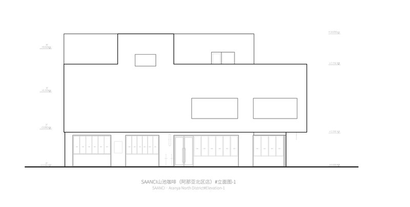 North elevation drawing showing a two-story facade with glazed ground floor openings